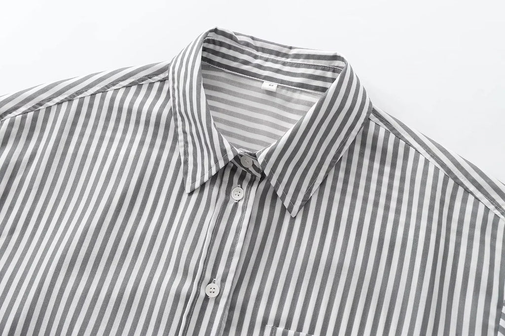 Women's 2024 new fashion pocket decoration loose striped asymmetrical shirt retro long sleeved button up women's shirt