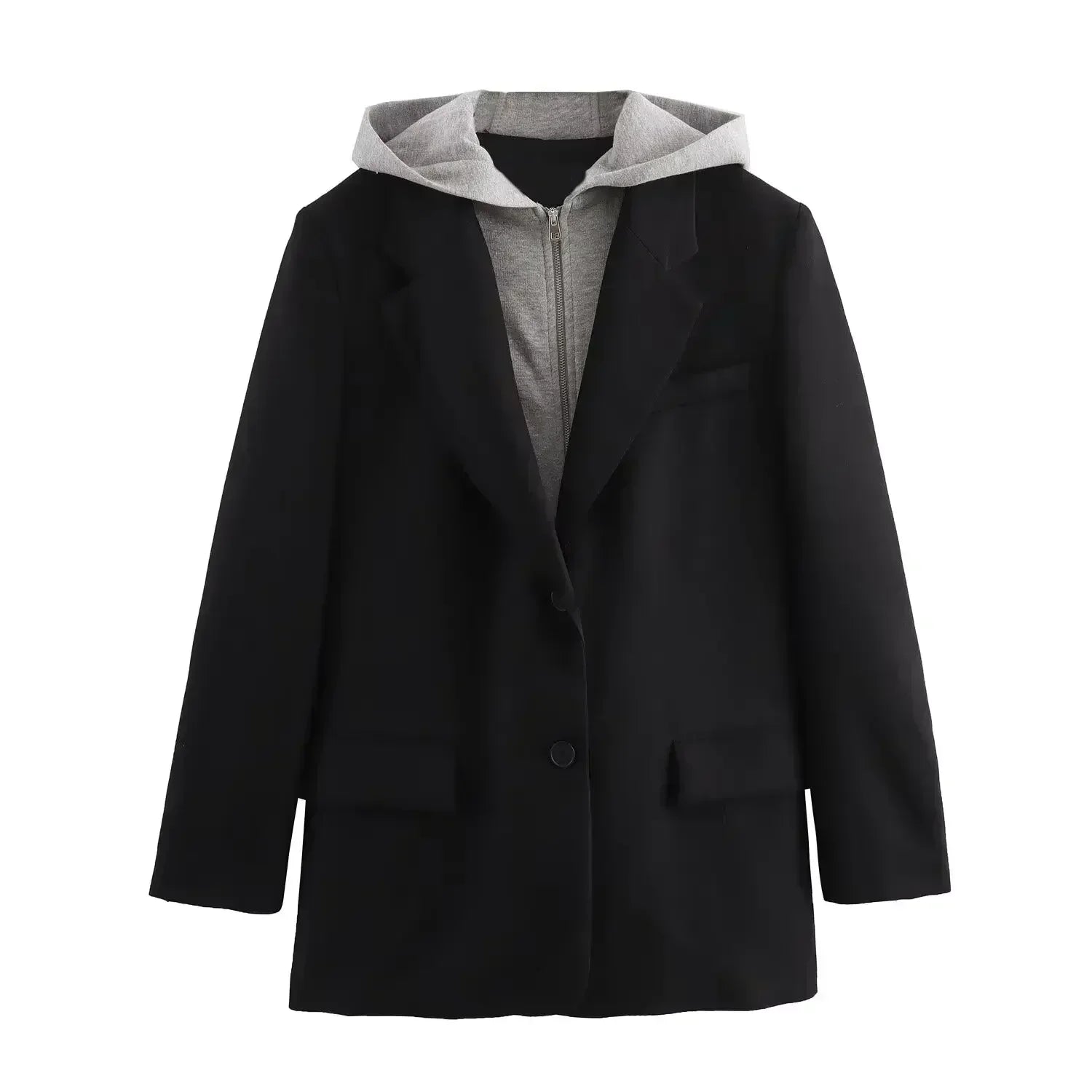 Women New Fashion Flip decoration Hooded splicing Single breasted casual Blazer Coat Vintage Long Sleeve Female Outerwear