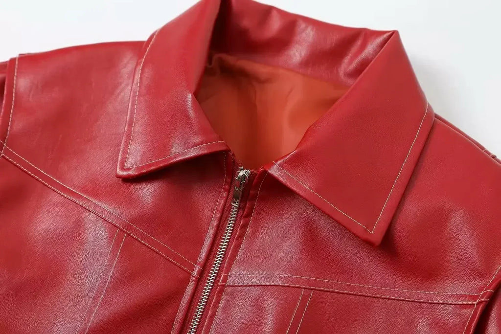 Women's new Fashion loose casual versatile retro imitation leather jacket coat long sleeved side pocket women's coat chic top