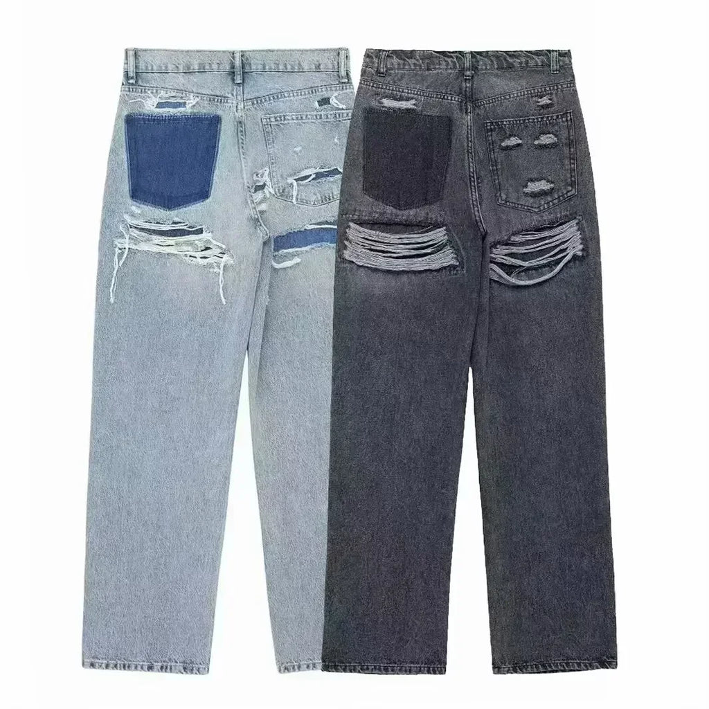 Women's 2024 New Fashion Hole Decoration Loose Side Pocket Casual Jeans Retro High Waist Zipper Women's Denim Pants Mujer