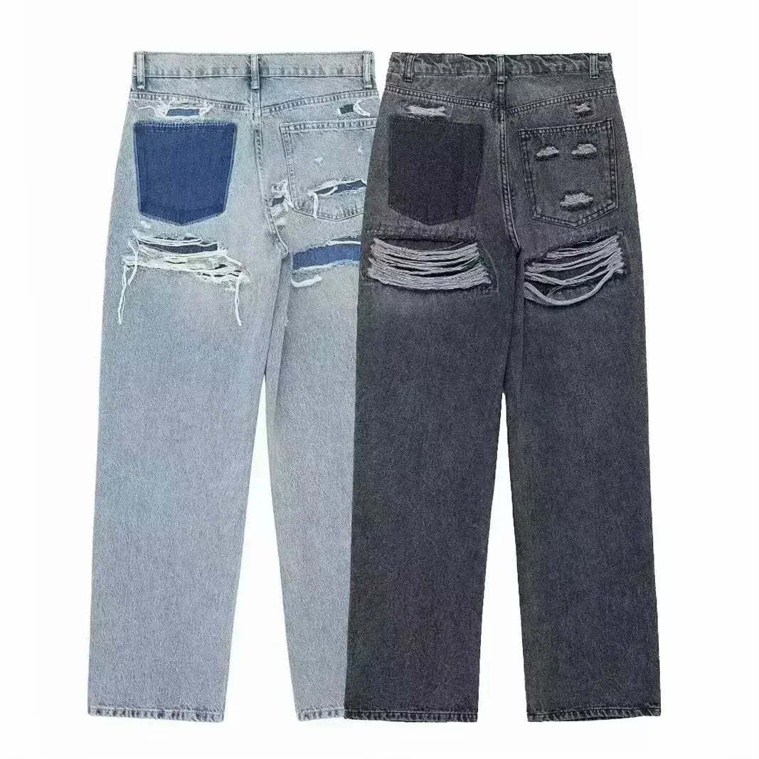 Women's 2024 New Fashion Hole Decoration Loose Side Pocket Casual Jeans Retro High Waist Zipper Women's Denim Pants Mujer