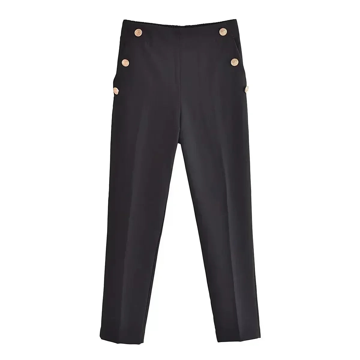 Women New Fashion Breastplate decoration Solid Casual straight Pants Vintage High Waist Side Pockets Female Trousers Mujer
