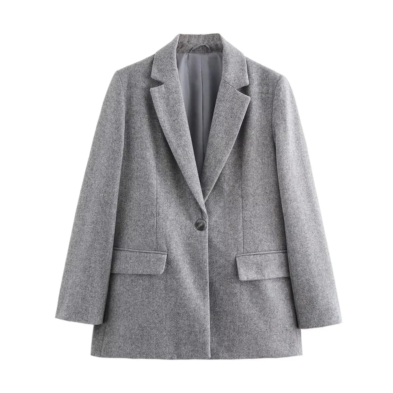 Women's New Fashion Flip Decoration Casual Single breasted Twill Woolen Blazer Coat Vintage Long sleeved Women's Coat Chic Top