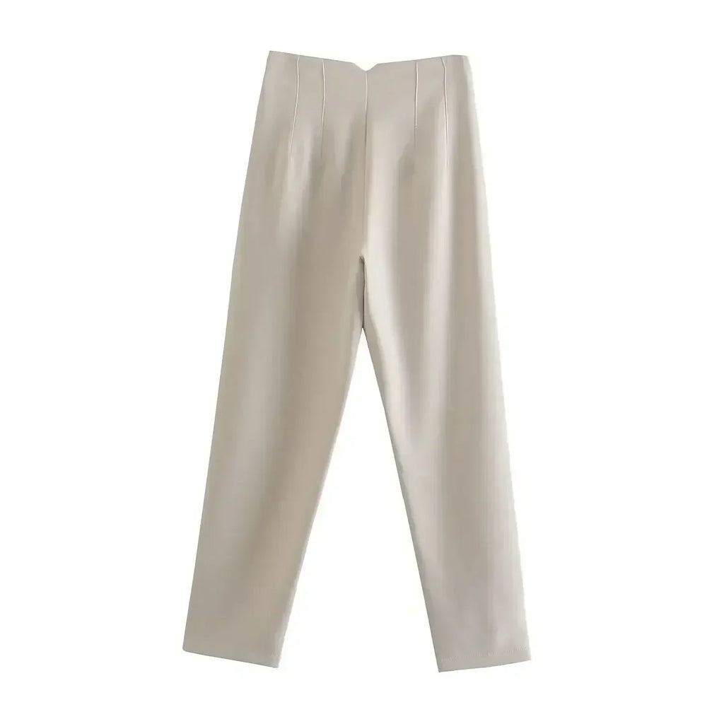 Women's Summer New Chic Fashion Side Pocket Decoration Casual Striped Pants Retro High Rope Zipper Women's Ankle Pants Mujer