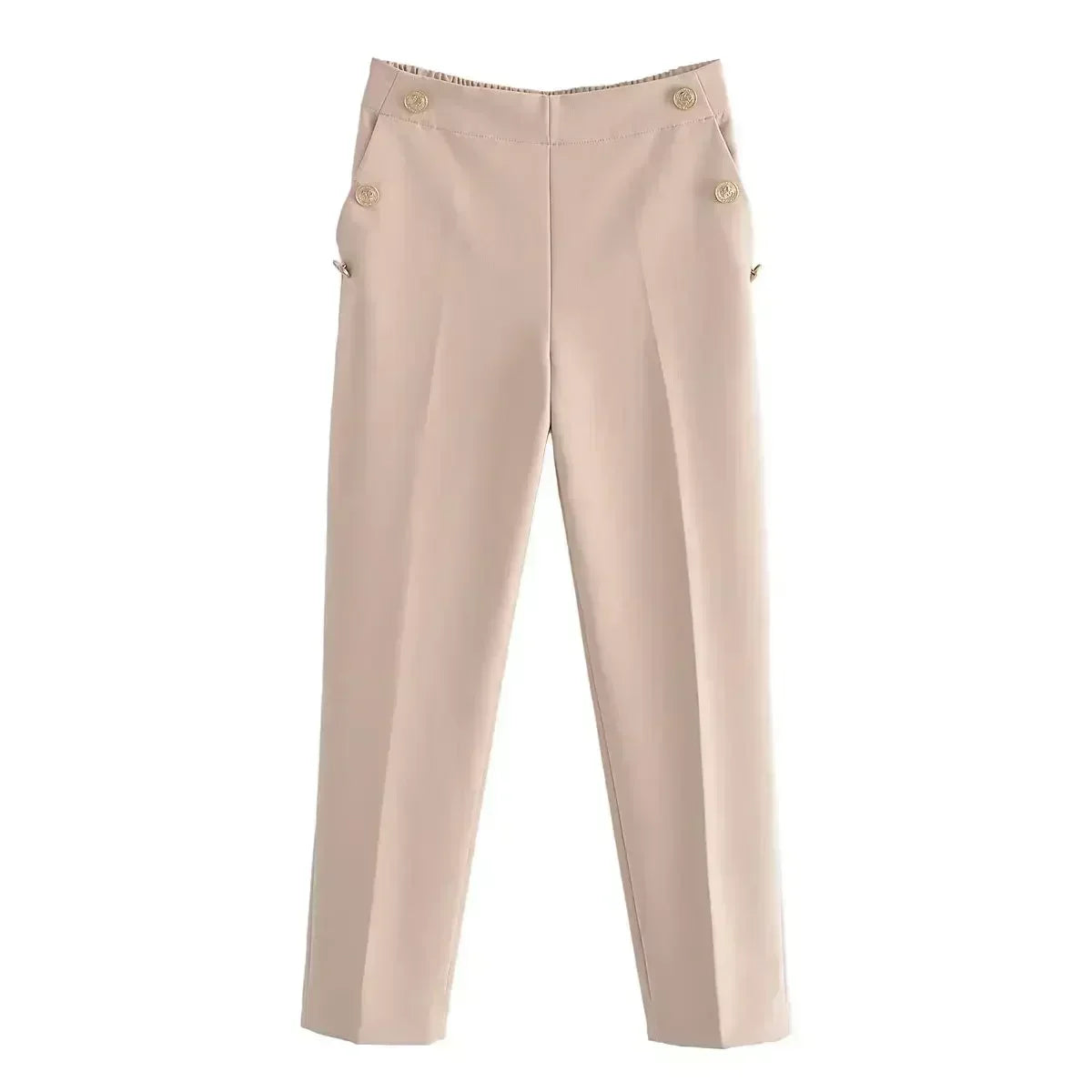 Women New Fashion Breastplate decoration Solid Casual straight Pants Vintage High Waist Side Pockets Female Trousers Mujer