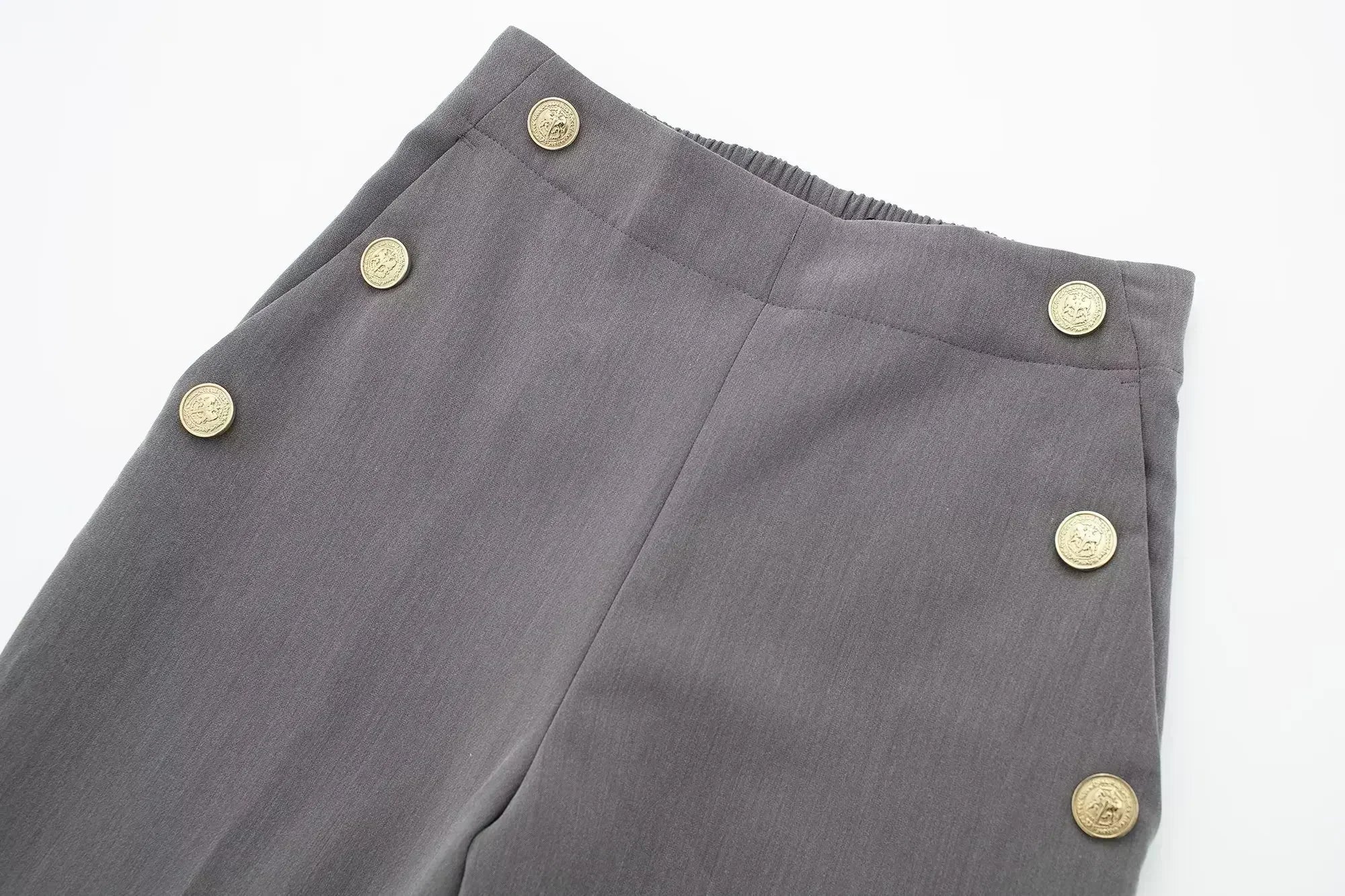 Women New Fashion Breastplate decoration Solid Casual straight Pants Vintage High Waist Side Pockets Female Trousers Mujer