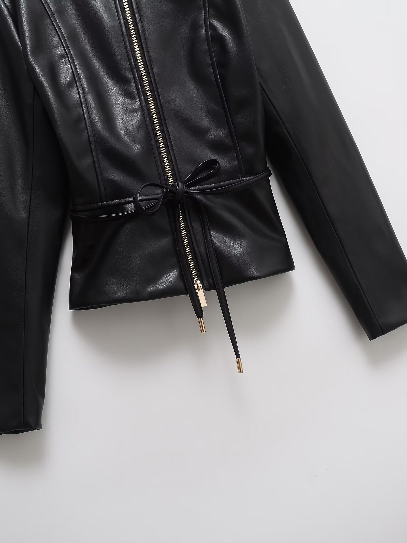 Women's with Belt O Neck zipper Faux Leather jacket Coat