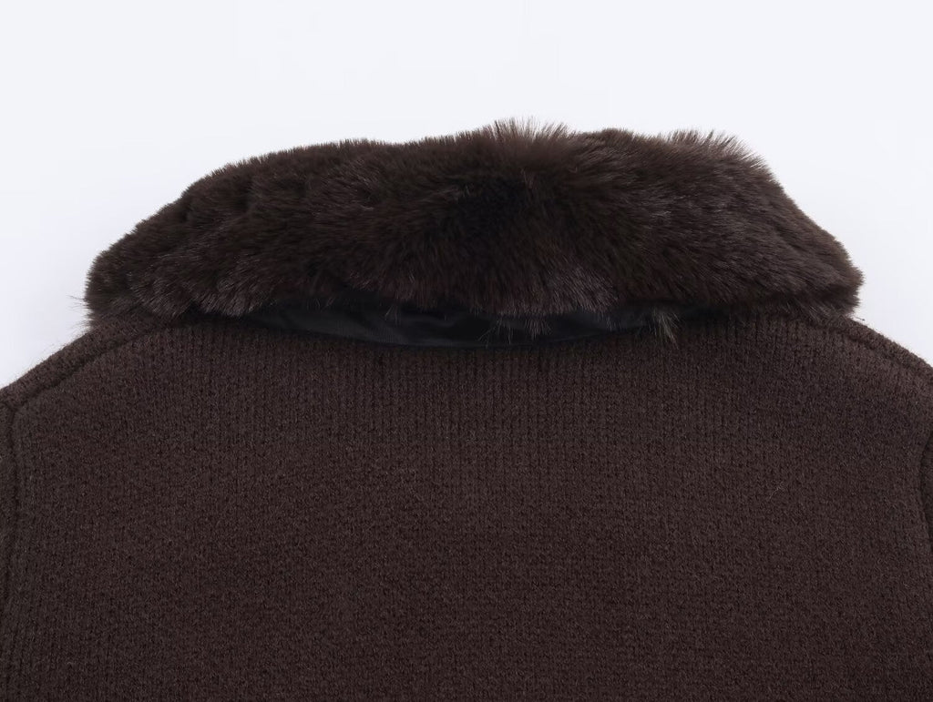 Women's artificial fur effect lapel knitted Coat