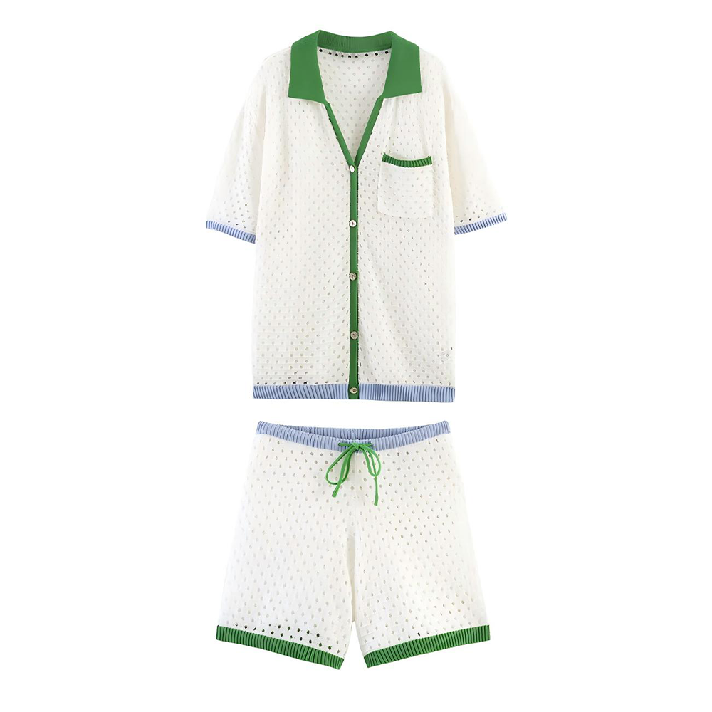 suit Women's 2 pieces hollow striped knitted Coat+Shorts