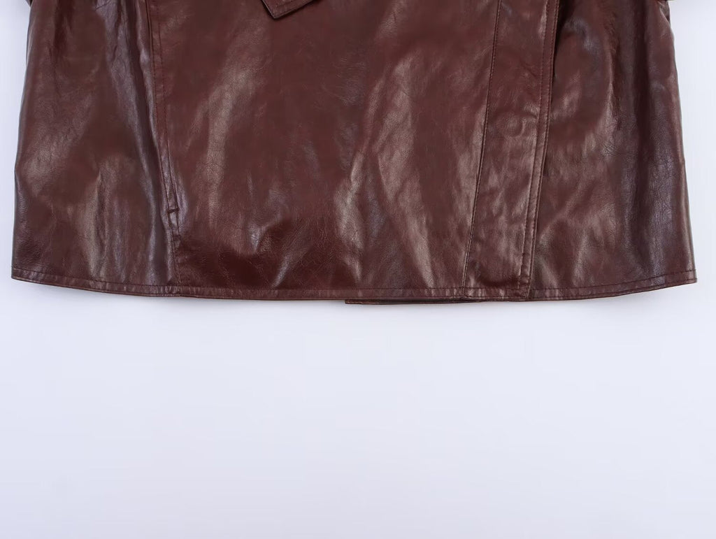 Women's new fashion casual lapel shiny Faux Leather jacket Coat