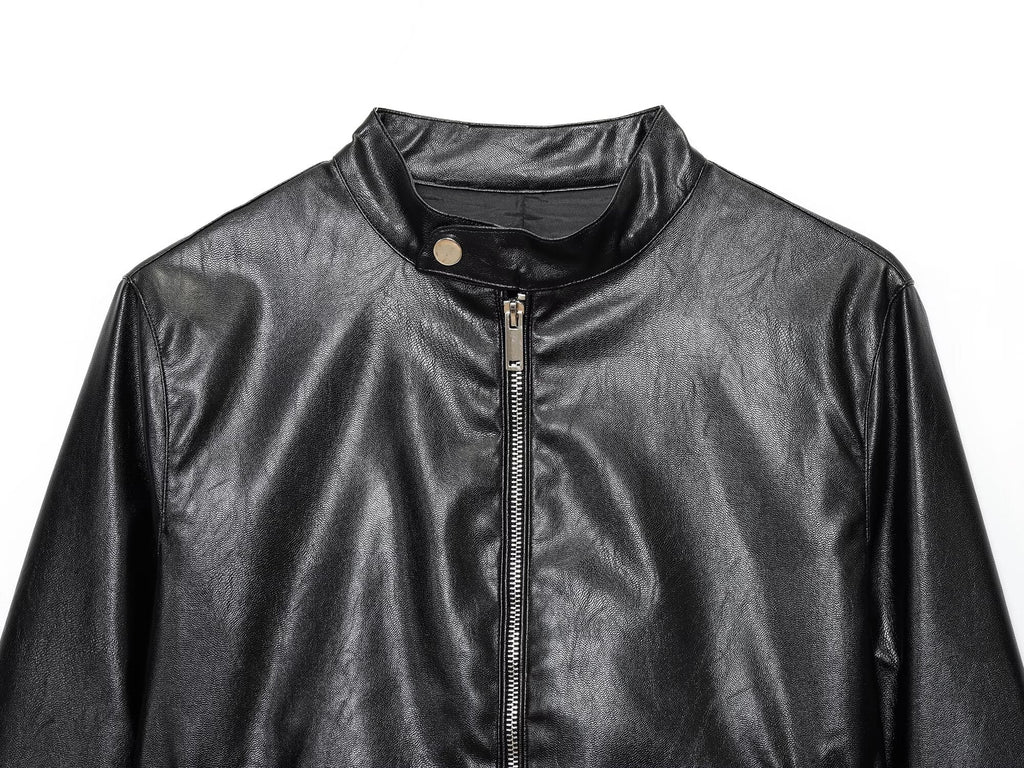 Women's new fashion black stand collar Faux Leather jacket Coat+Pants suit