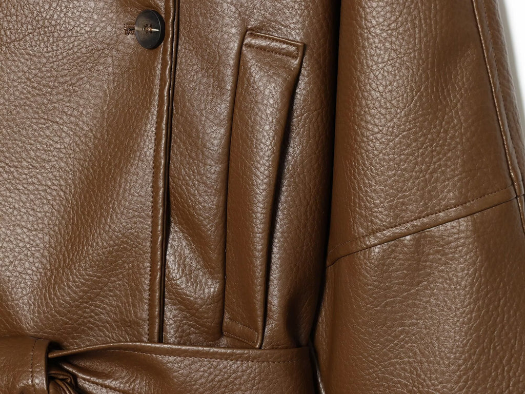 Women's waist belt imitation leather windbreaker jacket