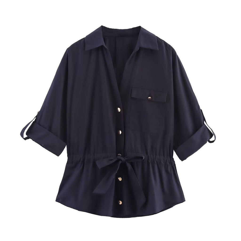 Women's New Fashion With Belt Casual Single breasted Poplin Shirt