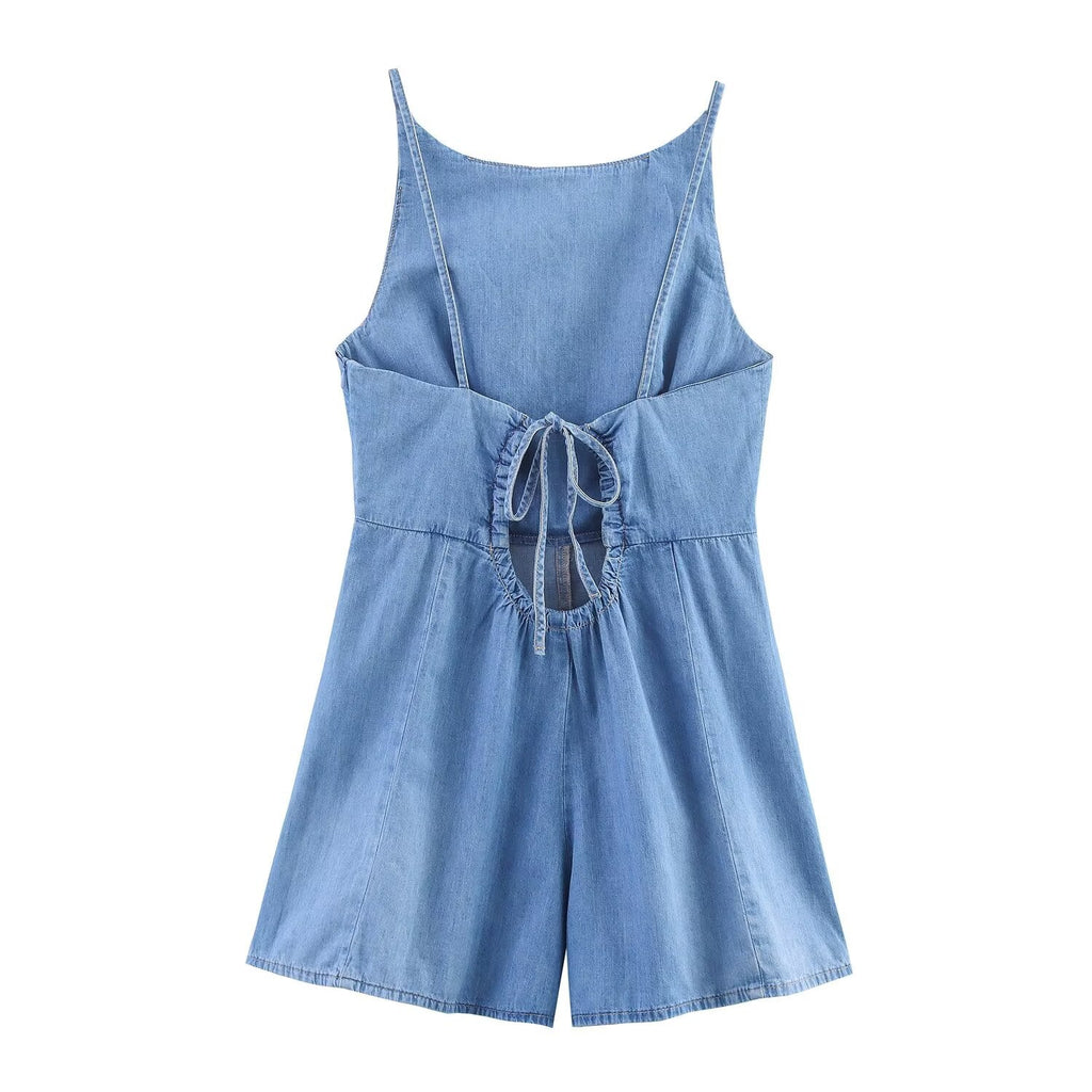 Women's new fashion sleeveless backless denim short jumpsuit