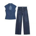 suit Women's 2 pieces denim effect breasted top+pleated jeans