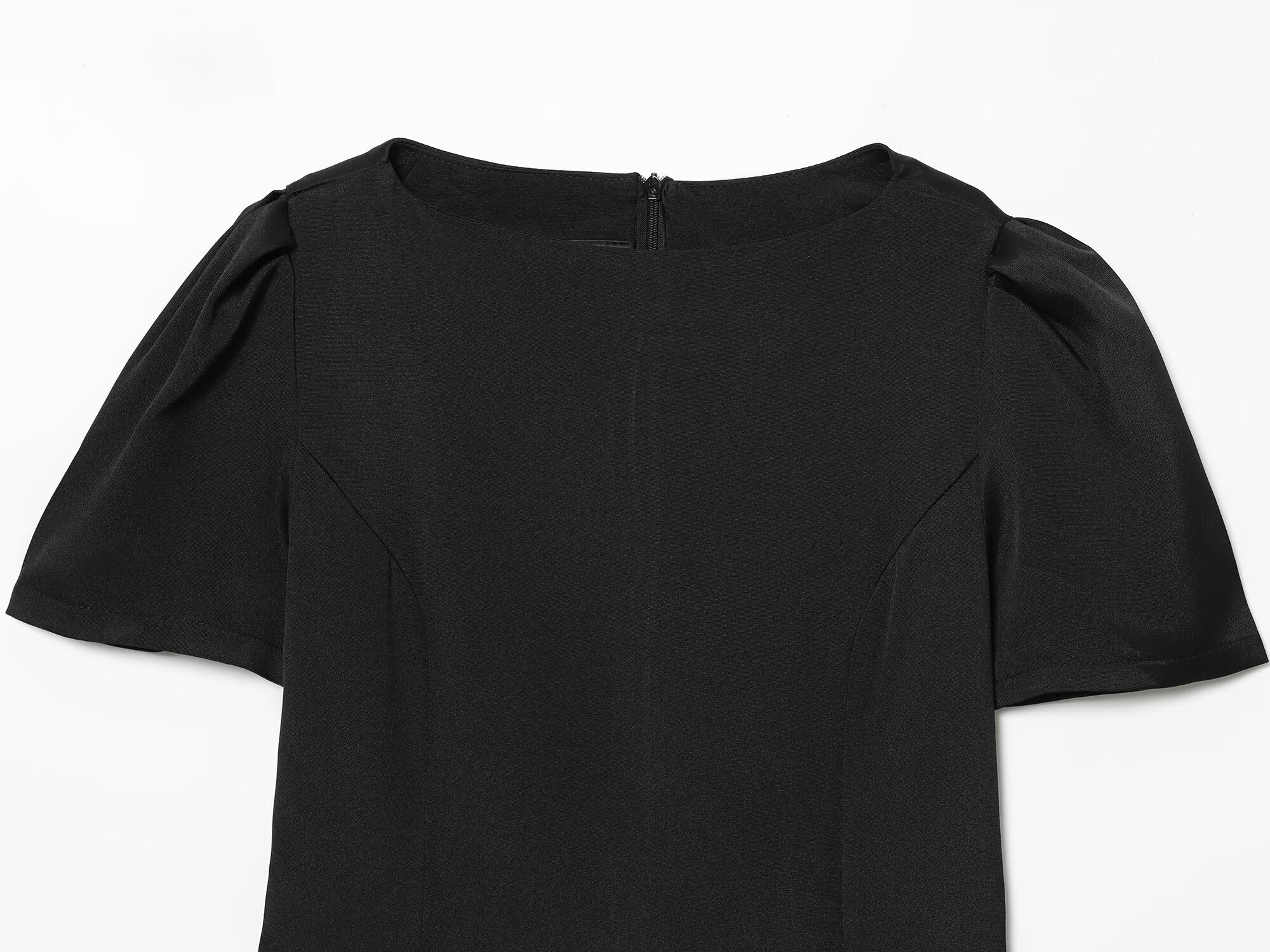 Women's black short sleeved pleated mini dress