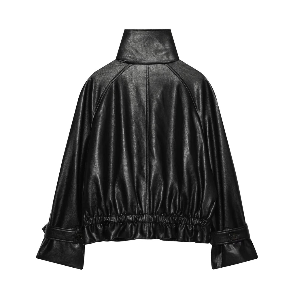 Women's black double breasted Imitation leather jacket