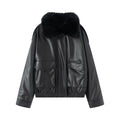 Women's black detachable faux Leather fur collar jacket Coat