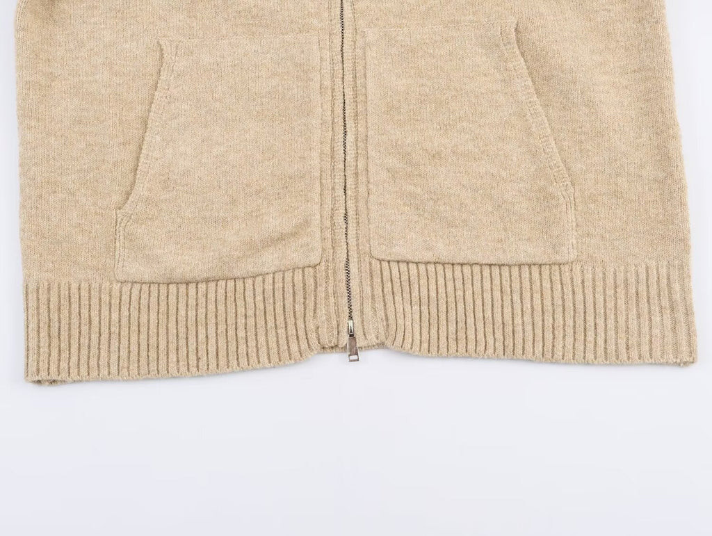 Women's 2025 New Loose Zipper Knitted hooded sweatshirt