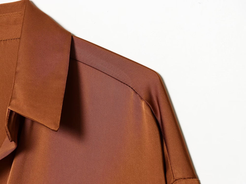 Women's feather decorated lapel satin textured shirt