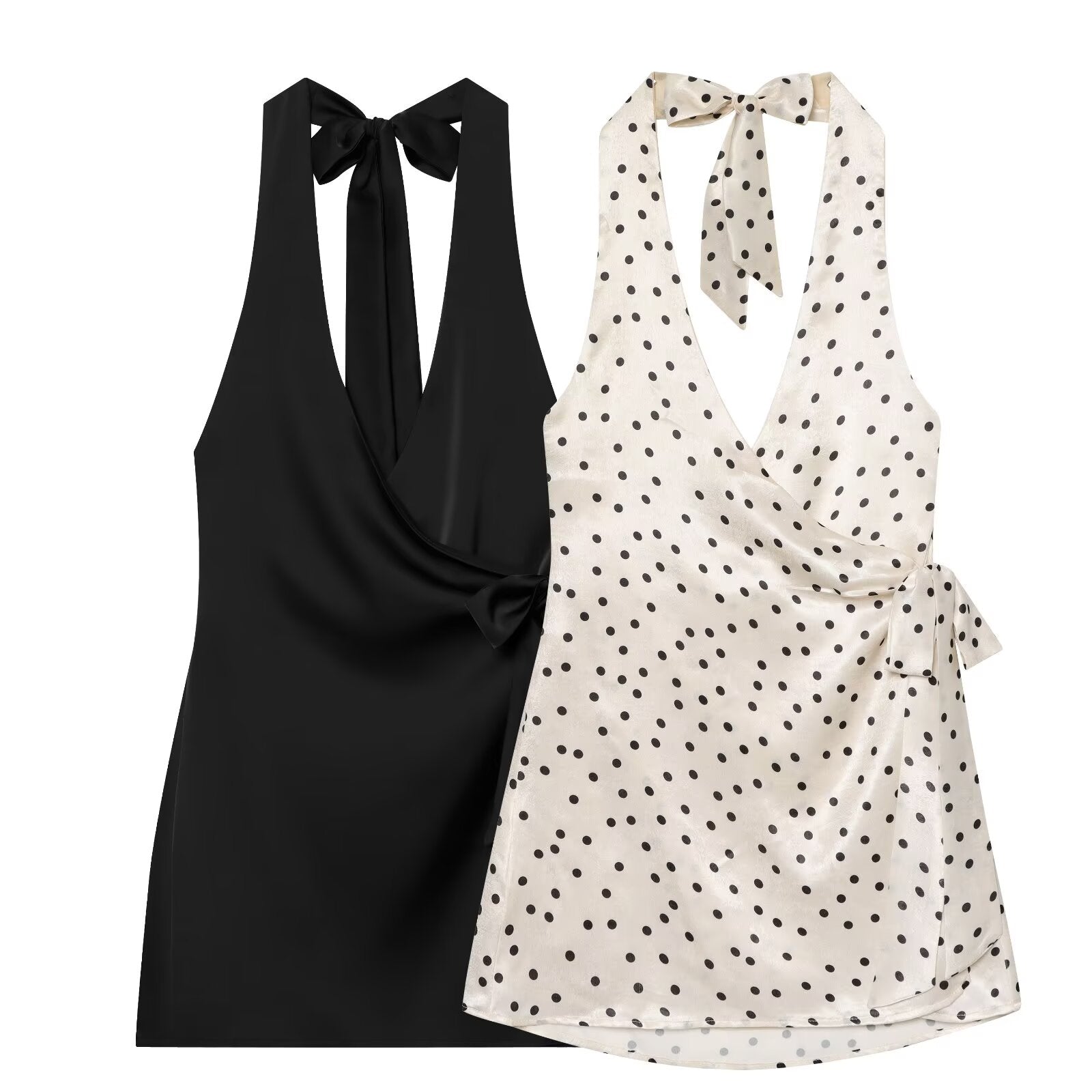 Women's satin textured polka dot halter neck dress