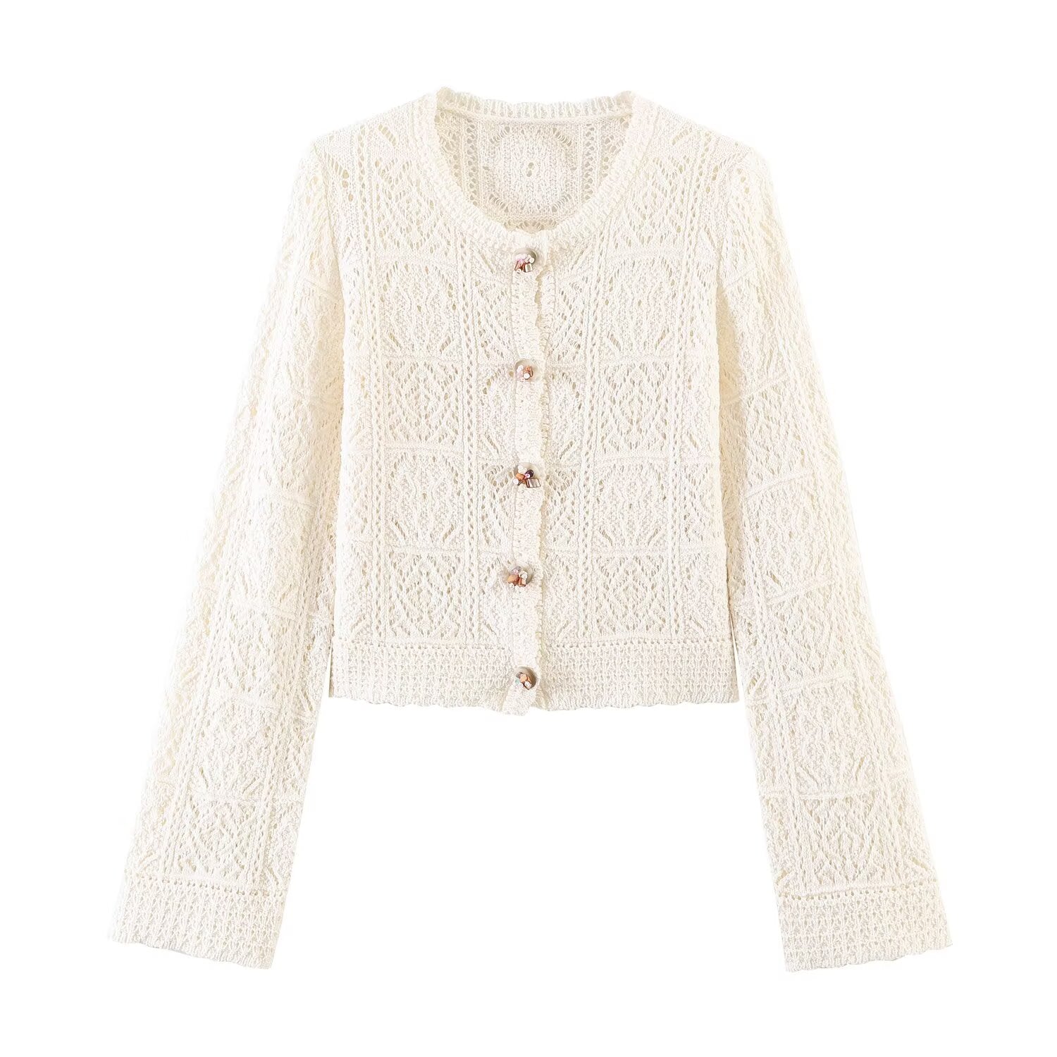 Women's short jacquard cotton knitted cardigan
