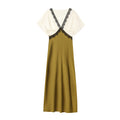 Women's new fashion contrasting lace V-neck satin texture MIDI dress