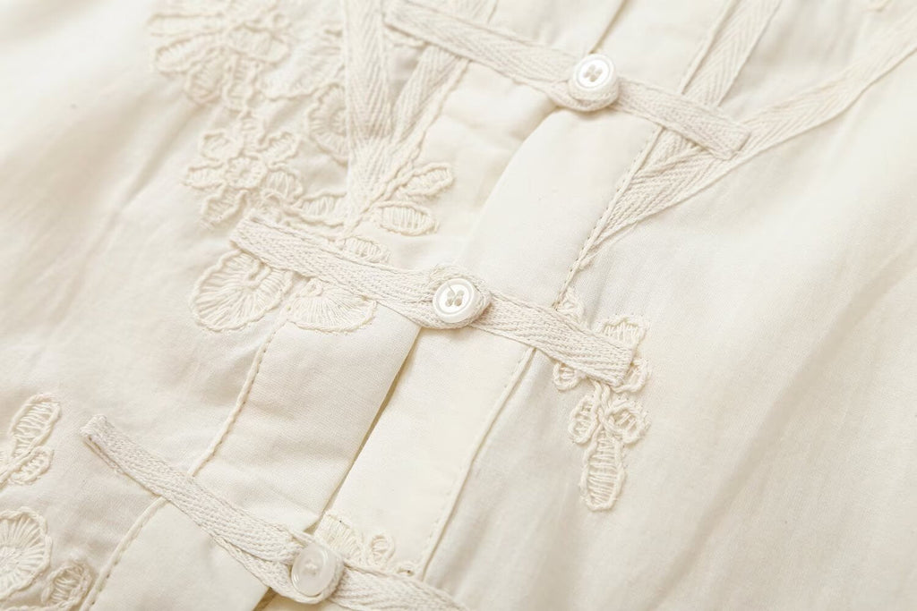 Women's rope knot button pleated embroidered shirt