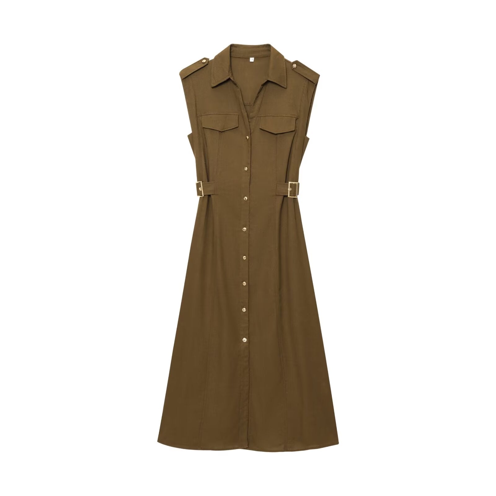Women's shirt style linen blended MIDI dress