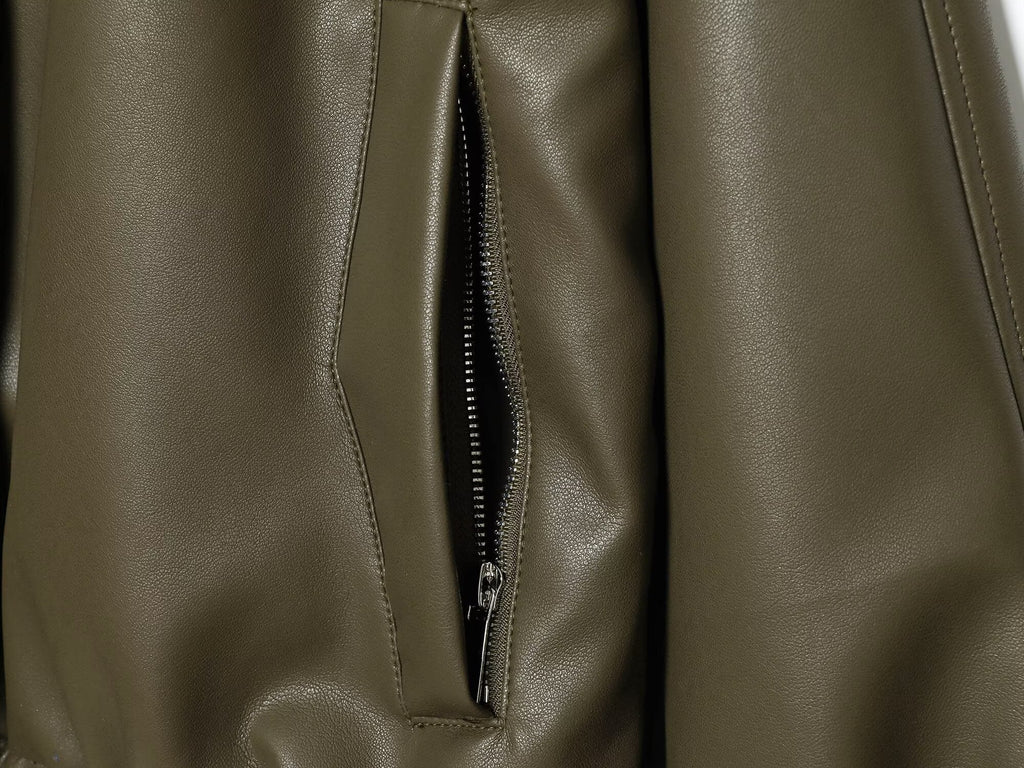 Women's standing collar faux leather pilot jacket Coat