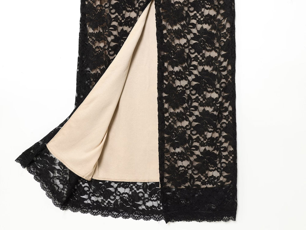 Women's slim hanging neck lace MIDI dress