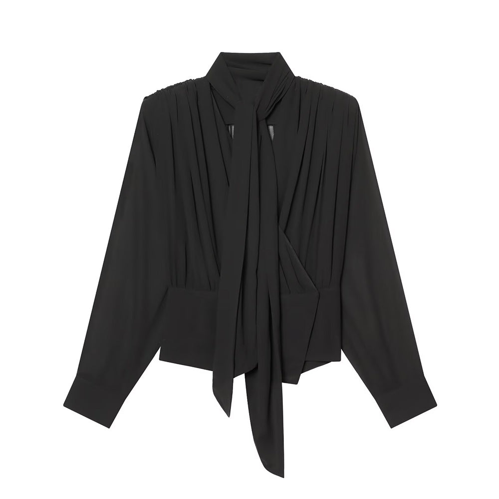 Women's tie decoration pleated chiffon top
