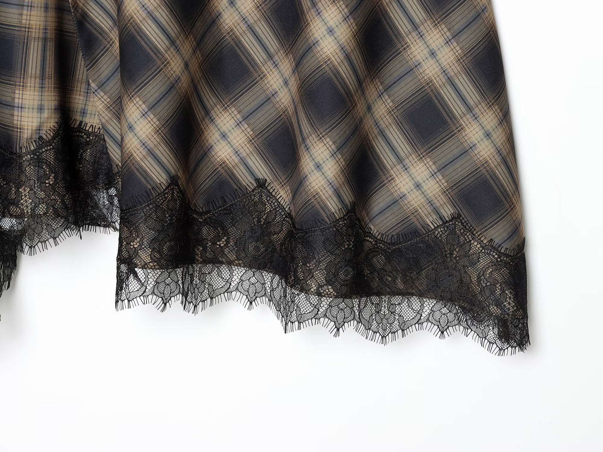 Women's lace hem casual plaid MIDI skirt