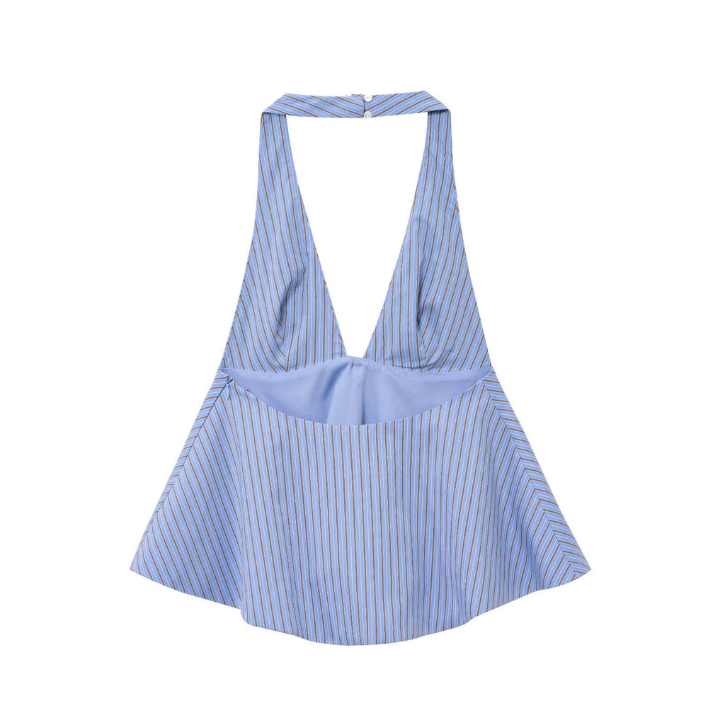 Women's new fashion bow decoration striped hanging neck collar backless top