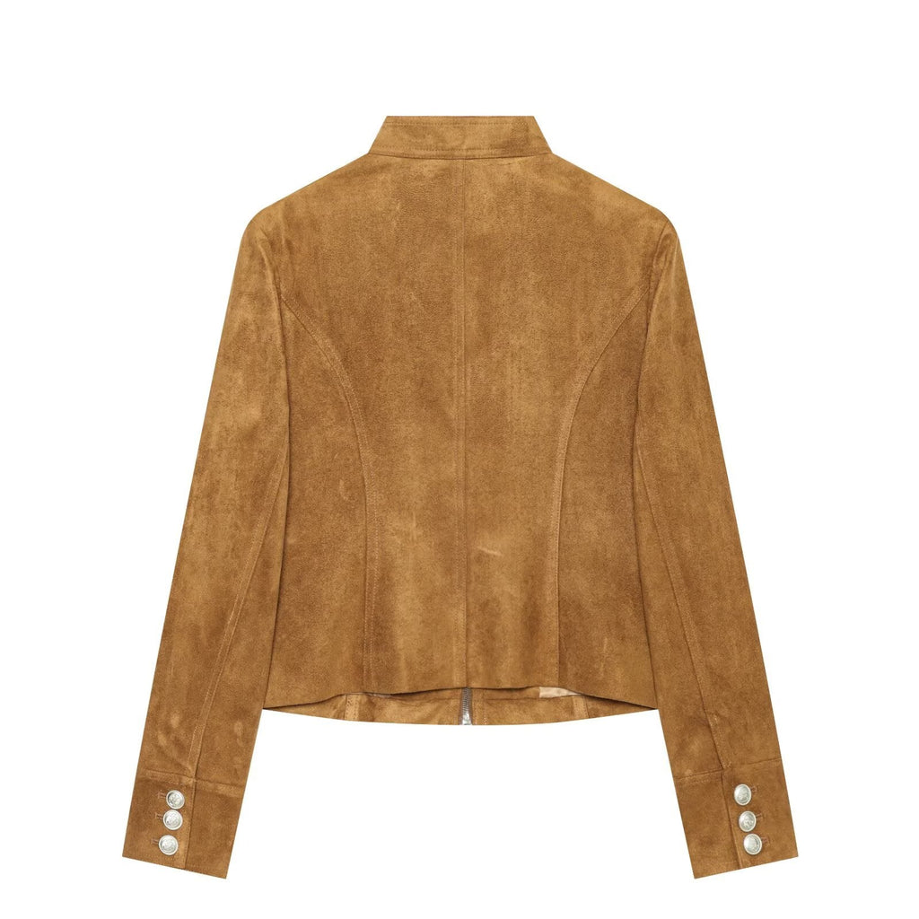 Women's double breasted waist cinched suede jacket