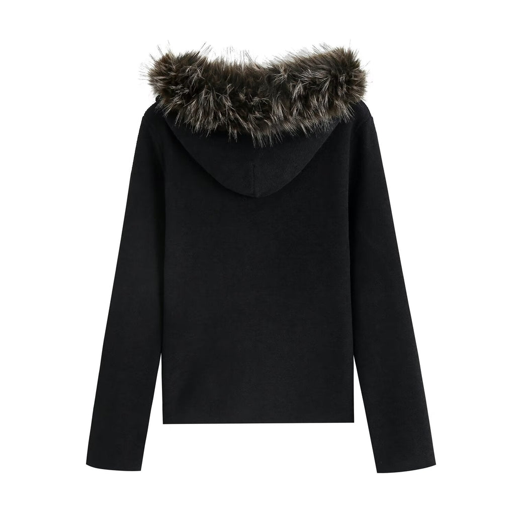 Women's fur collar zipper hooded knitted cardigan