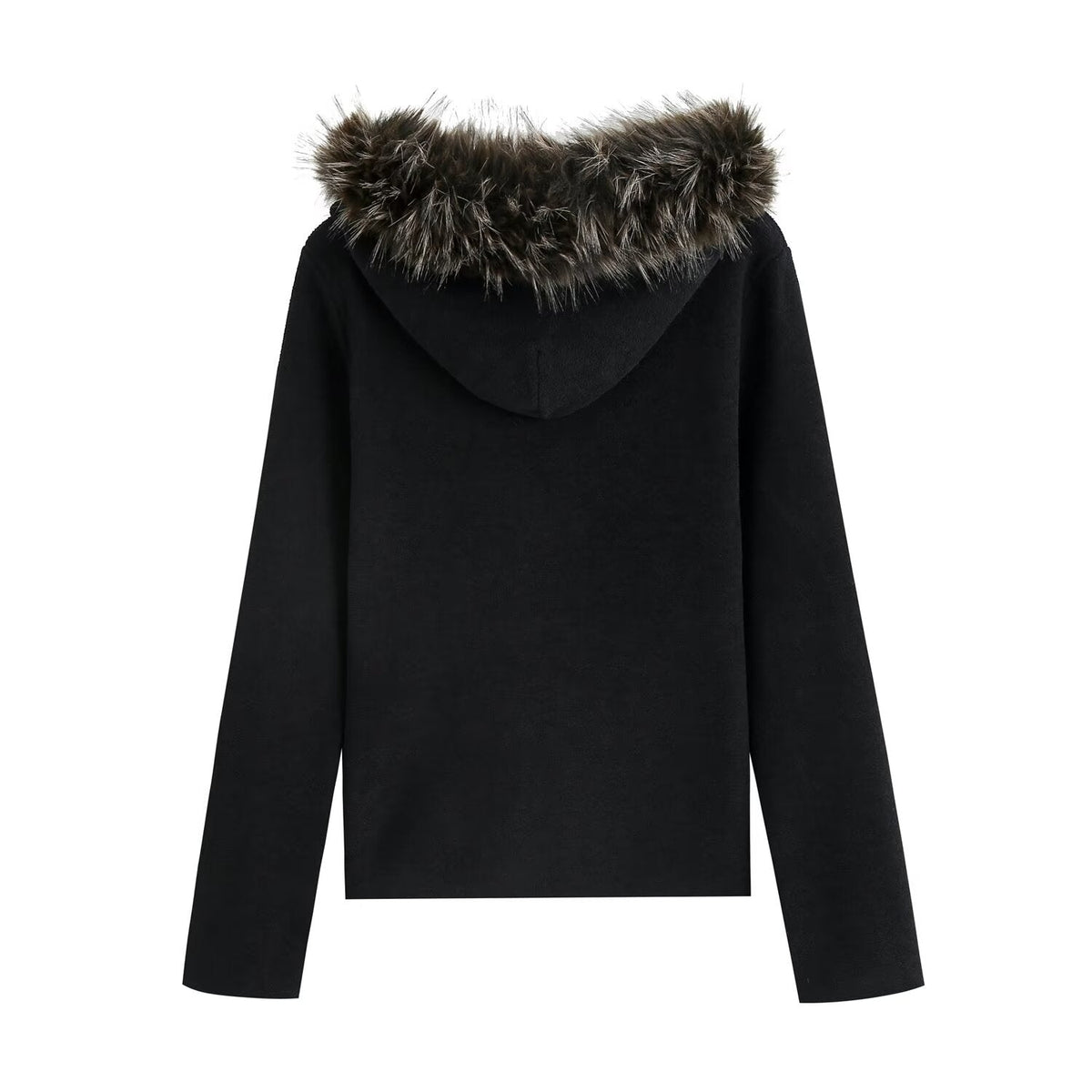 Women's fur collar zipper hooded knitted cardigan