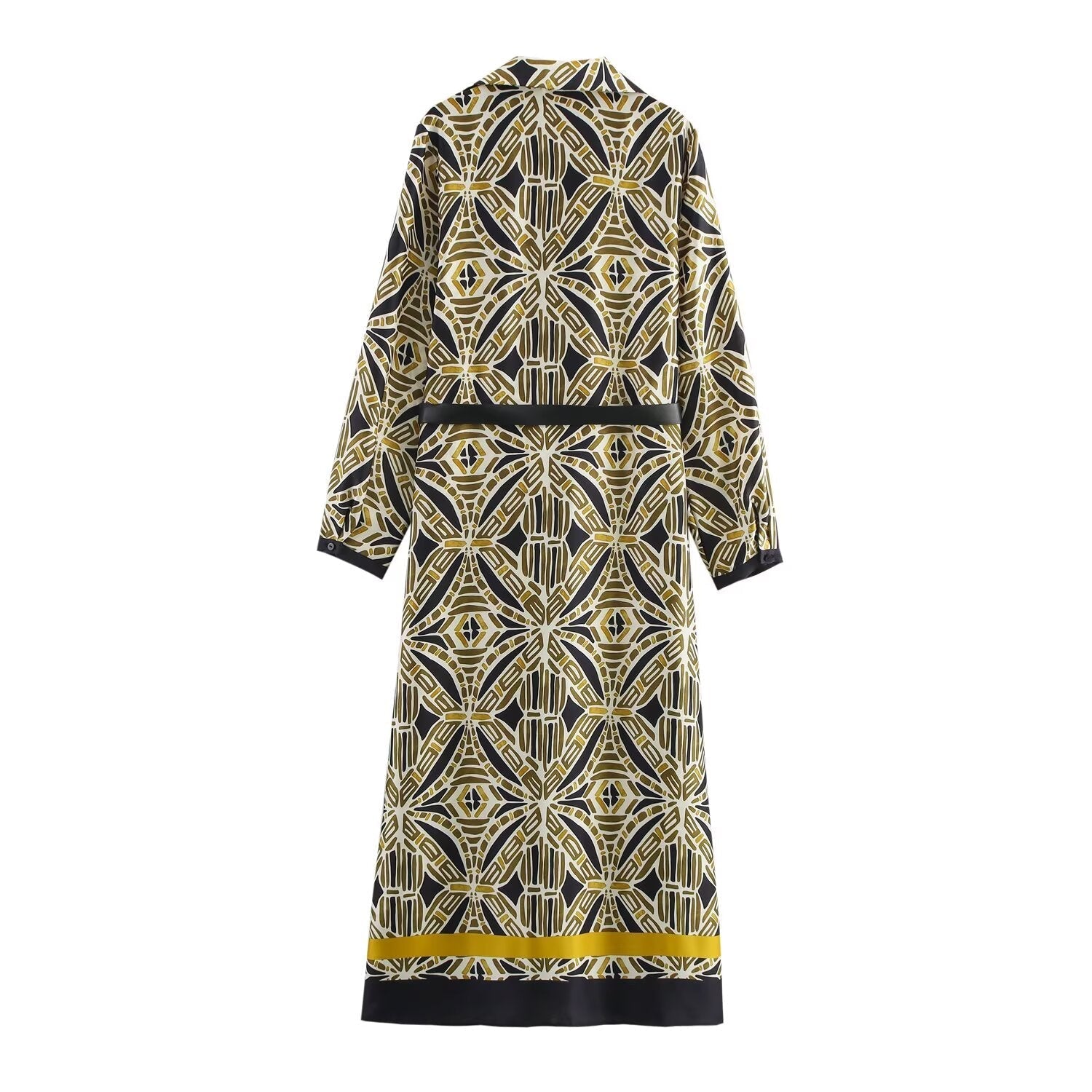 Women's new Chic Fashion belt decoration loose single breasted printed MIDI dress retro lapel long sleeved women's dress Mujer