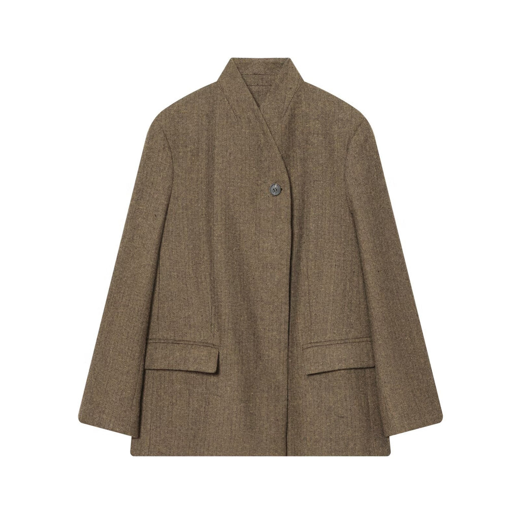 Women's loose stand collar herringbone diagonal Blazer Coat