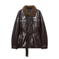 Women's with Belt Fur Faux Leather effect jacket Coat