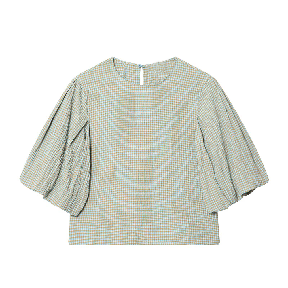 Women's O Neck balloon sleeve checkered top