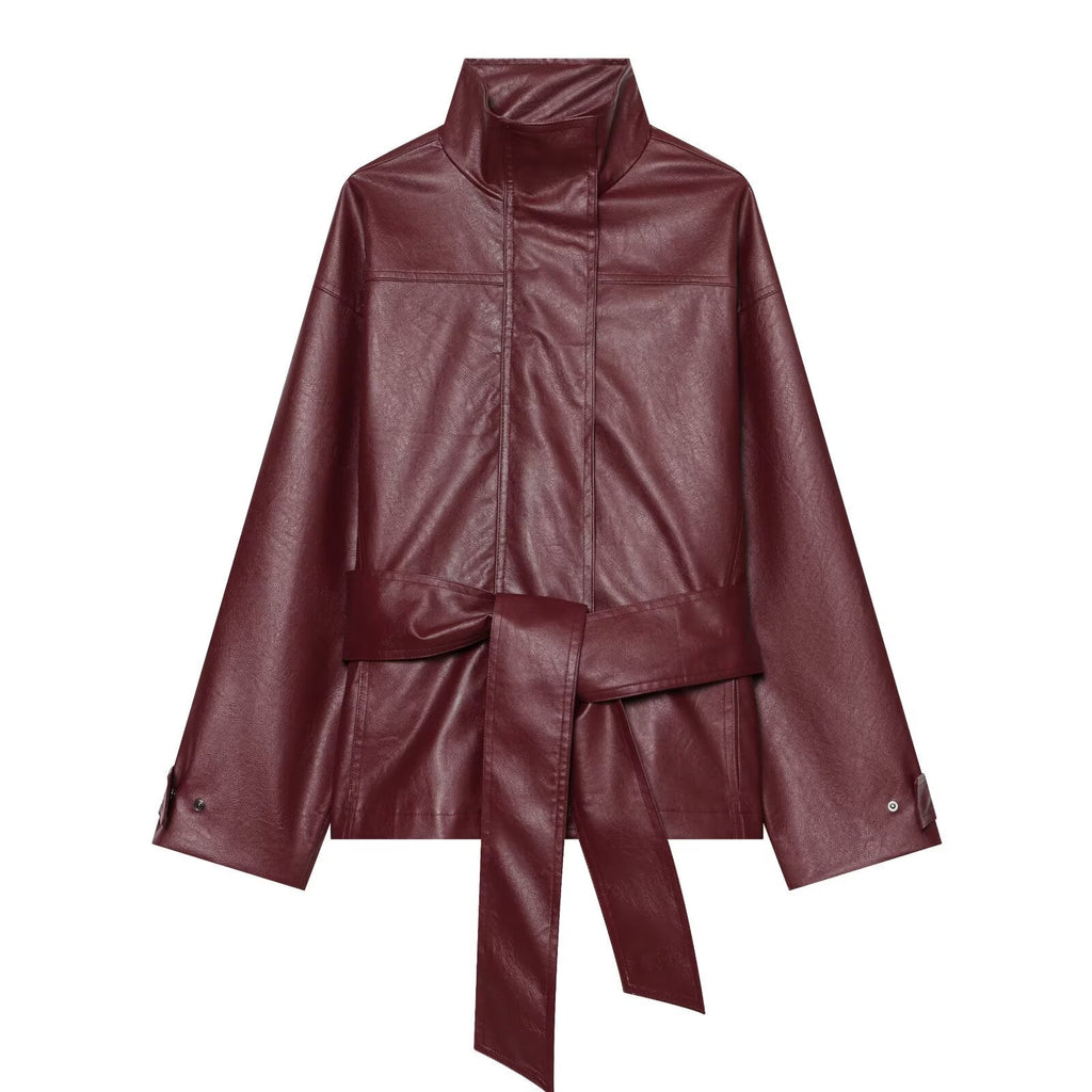 Women's with belt standing collar faux leather Coat