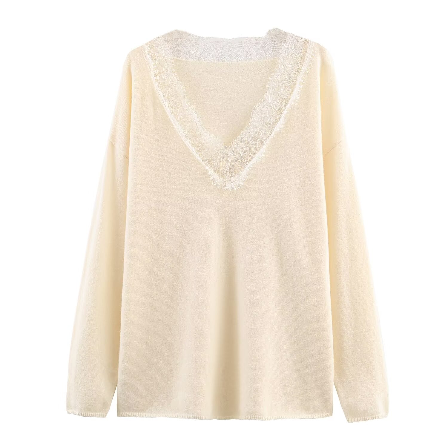 Women's lace decorated loose V-neck knitted sweater