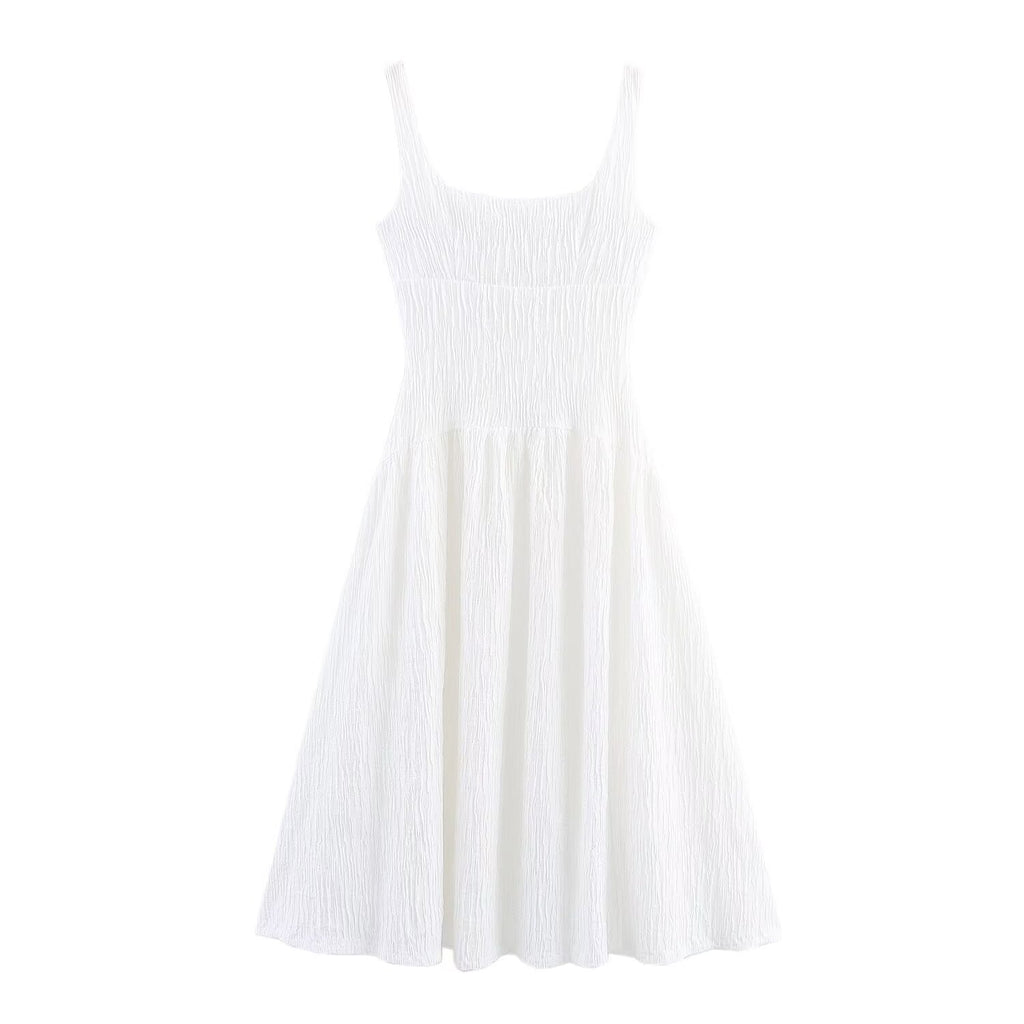 Women's new fashion texture sleeveless wide shoulder strap MIDI dress