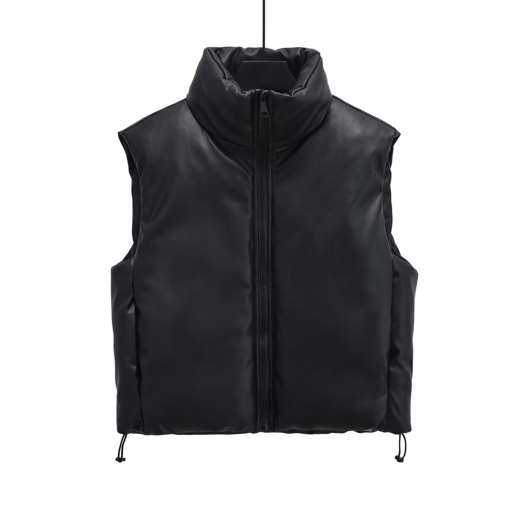 Women's short standing collar Faux Leather cotton vest