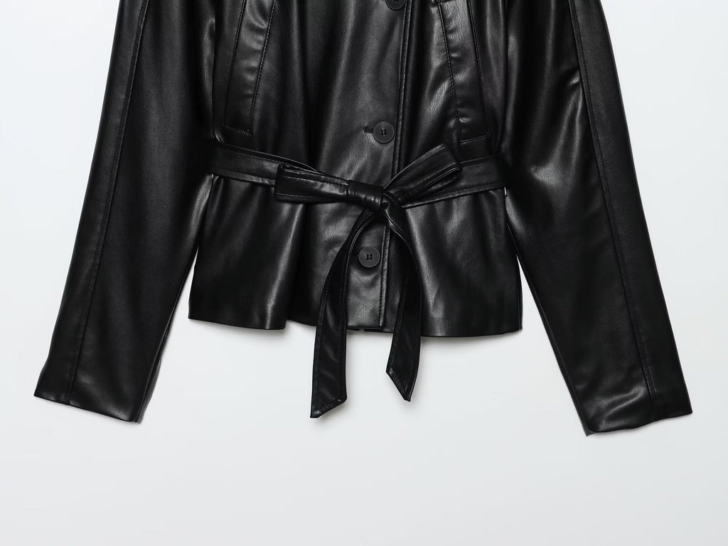 Women's new fashion with Belt black short Faux Leather windbreaker Coat