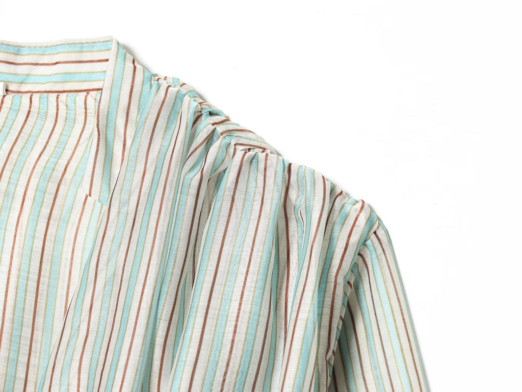 Women's V-neck striped waist cinched shirt