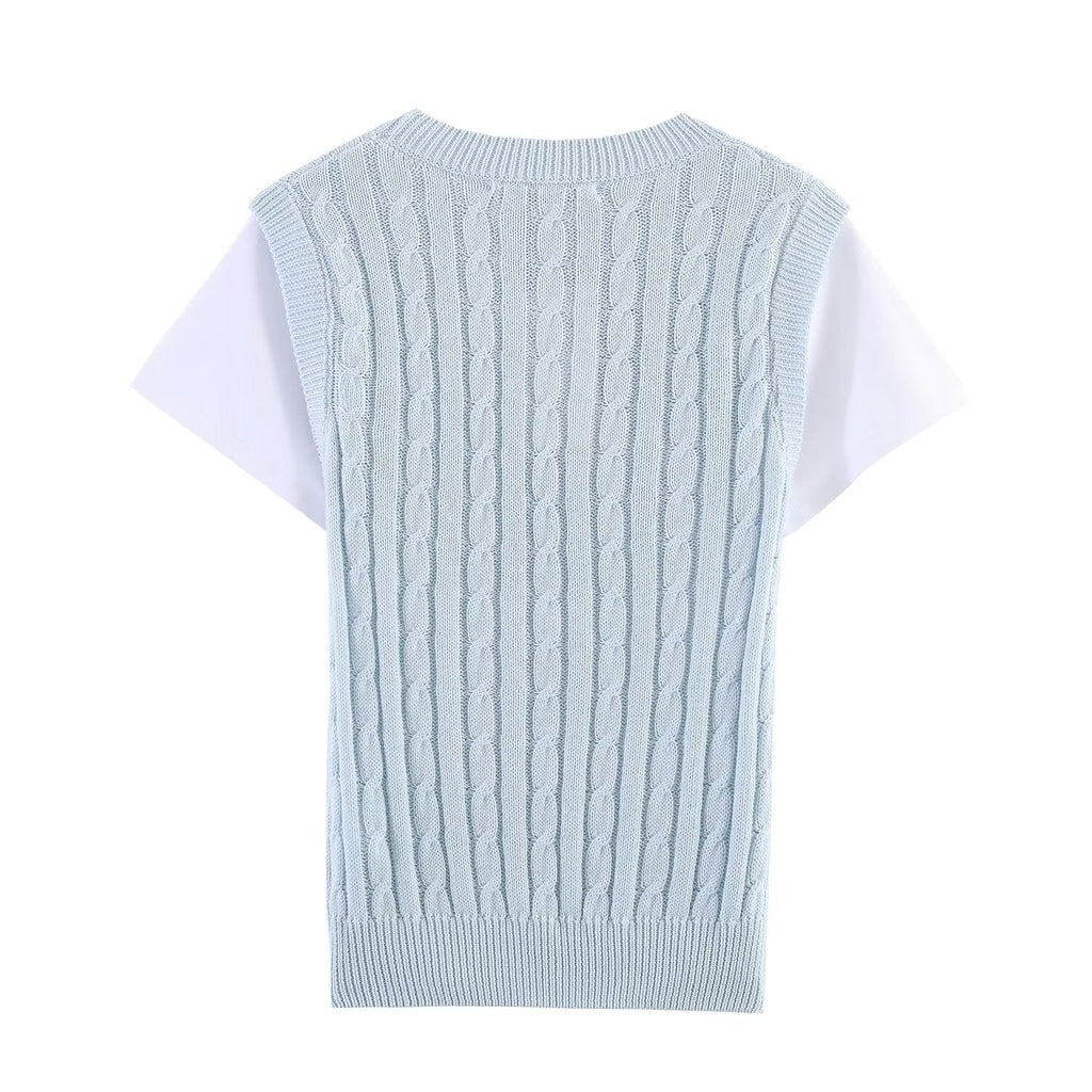 Women's contrasting fake two-piece knitted sweater