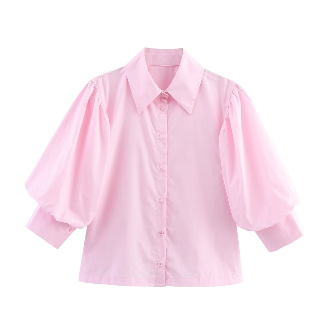 Women's new fashion bubble sleeves comfortable striped poplin shirt