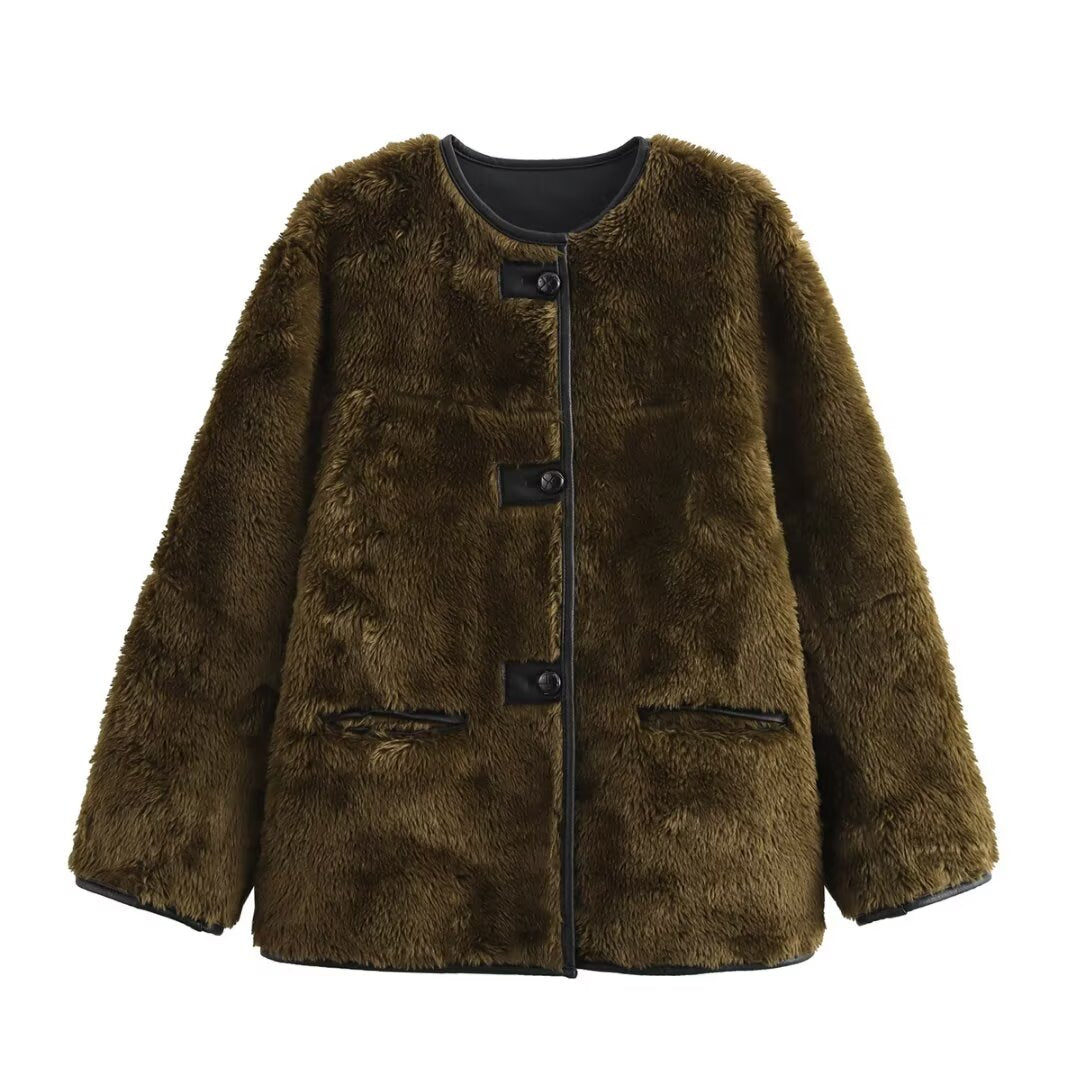Women's thick warm O Neck Fur Faux Leather Coat
